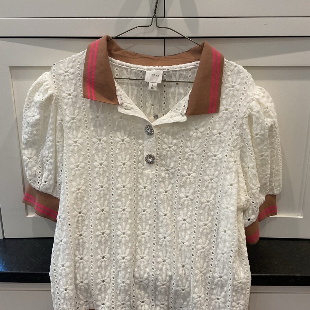 Maeve White Eyelet Top with Brown Collar